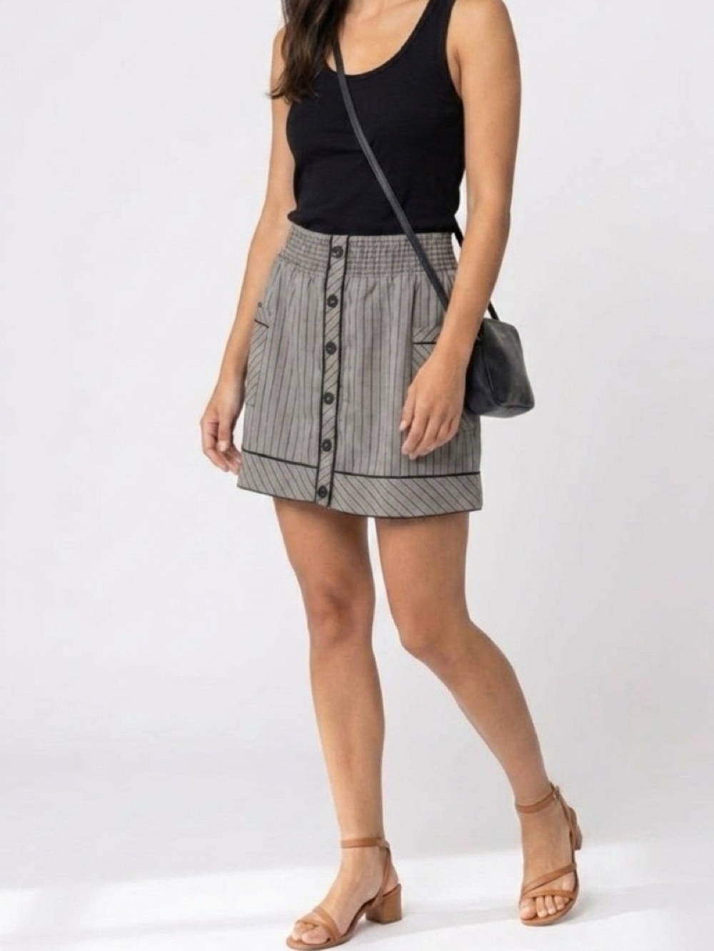 Gray Button-Front Skirt with Pockets
